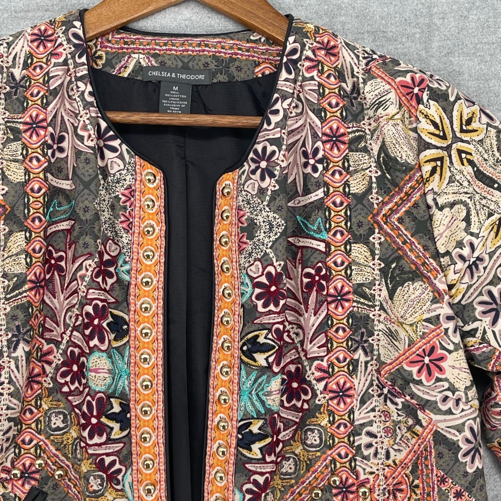 Boho Open Front Jacket Embroidered Floral Colorful Cropped Studded Transitional